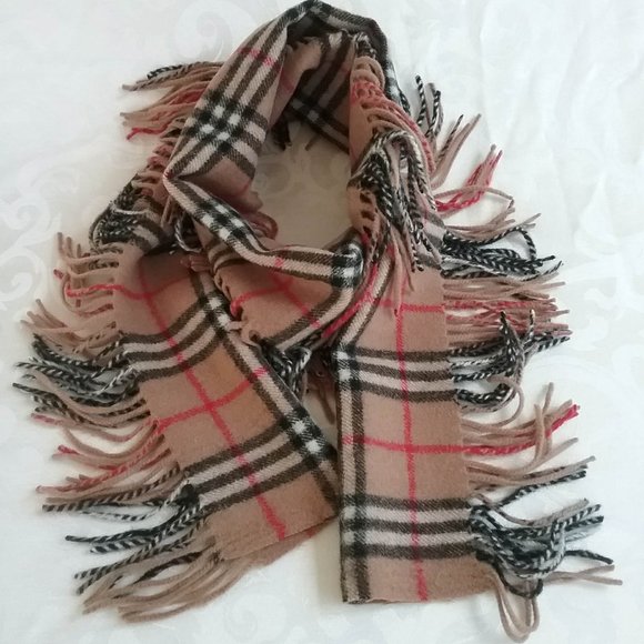 Plaid scarf with fringes. Red, black and white on tan preppy - Picture 2 of 6